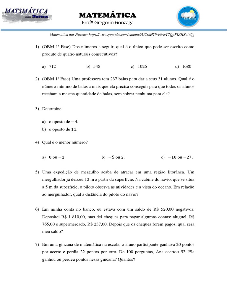 7º Ano - Problemas de Números Inteiros | PDF