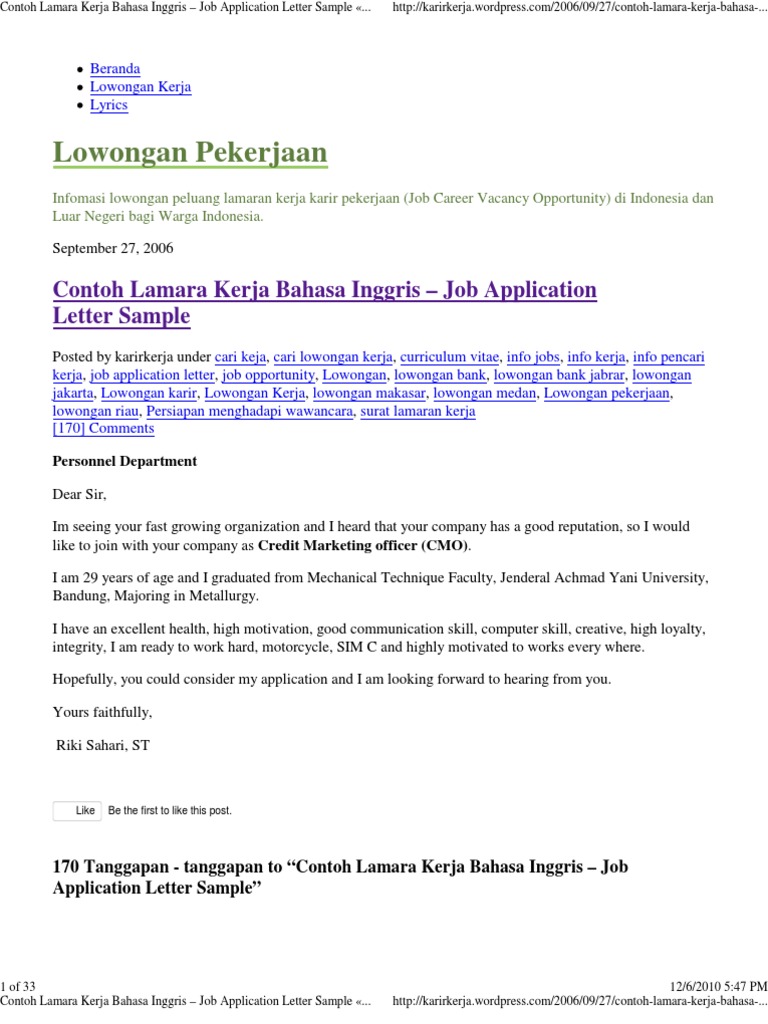 7+ Contoh Surat Lamaran Kerja Hotel Bagian Housekeeping  Galeri Berkas