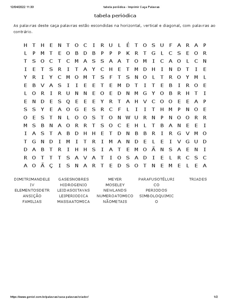 Tabela Periódica - Imprimir Caça Palavras | PDF | Tabela periódica | Átomos