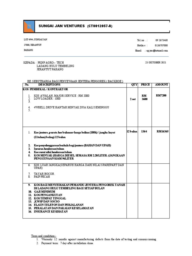 Sebutharga Sewaan Backhoe | PDF