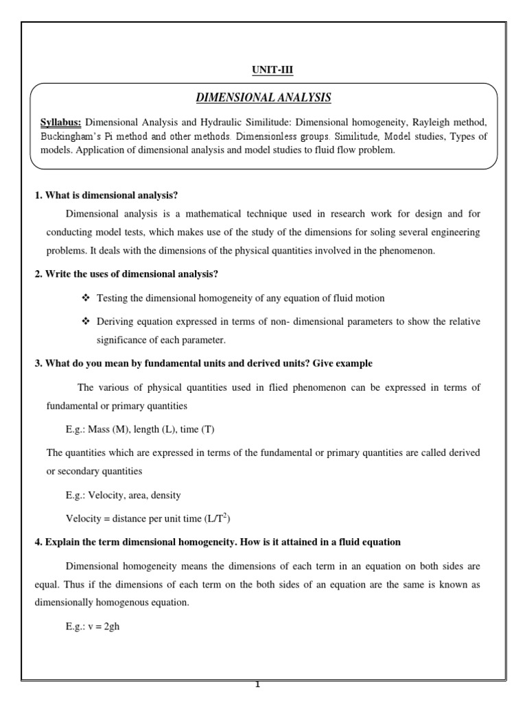 Dimensional Analysis in Fluid Mechanics | PDF | Reynolds Number | Fluid ...
