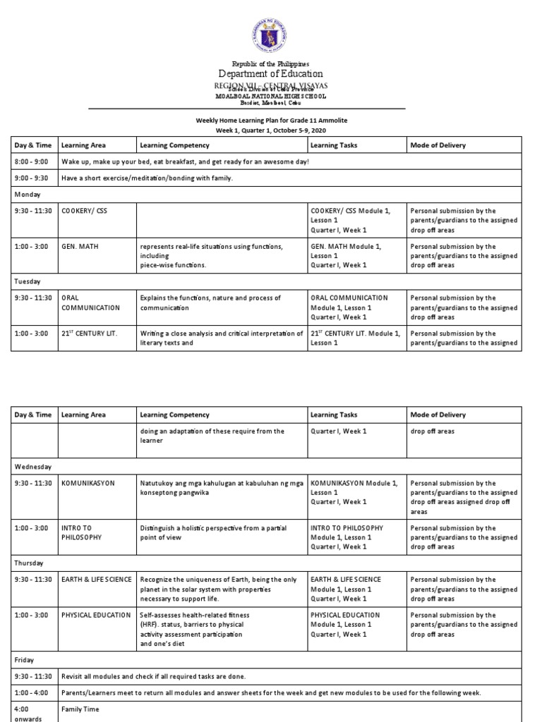 Grade 11 Weekly Learning Plan - Cebu | PDF | Learning | Cognition