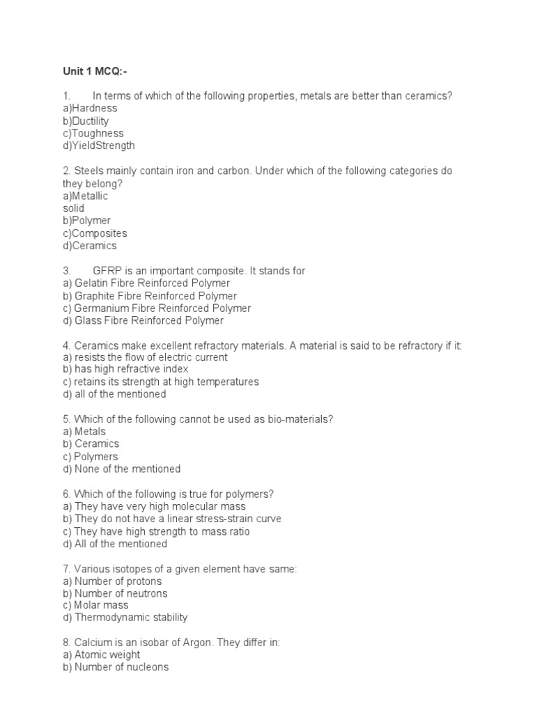 TESTING OF MATERIAL UNIT 1 MCQ's PDF Ductility Hardness