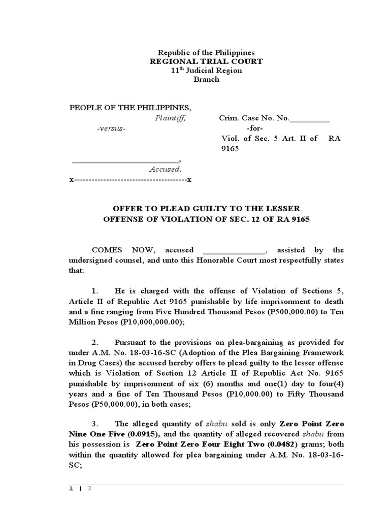Regional Trial Court: Plaintiff, - Versus | PDF | Plea Bargain | Plea