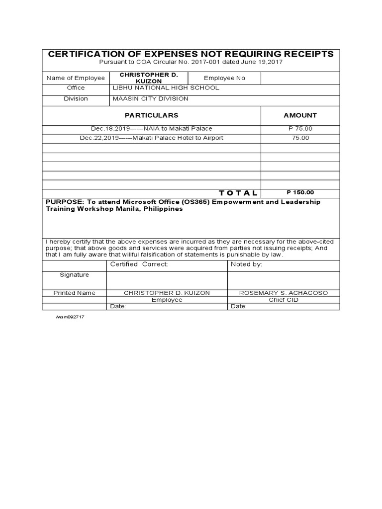 Certification of expenses not requiring receipts pdf