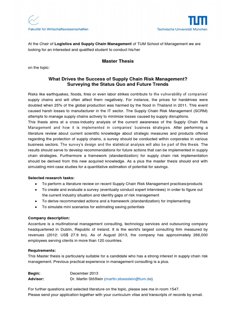 Master Thesis Selected Research Tasks Pdf Risk Supply Chain