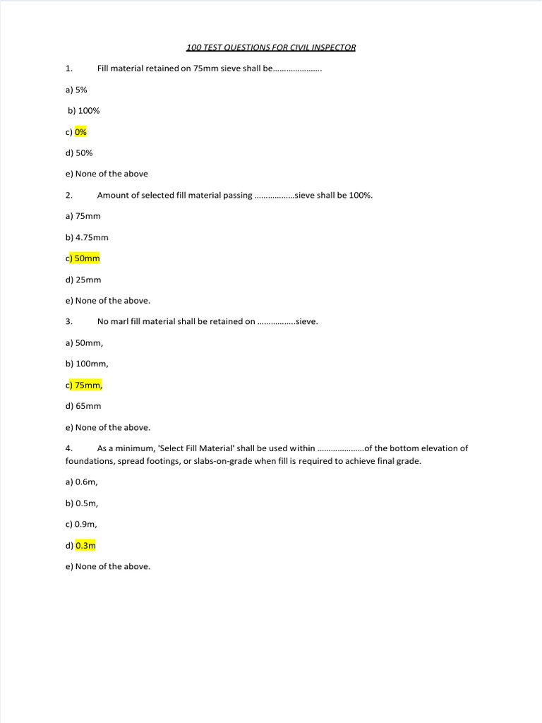 Civil Inspector Exam Questions | PDF | Lime (Material) | Concrete