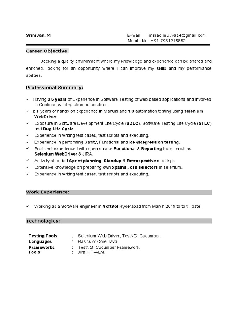 Career Objective:: Srinivas. M | PDF | Software Testing | Selenium ...