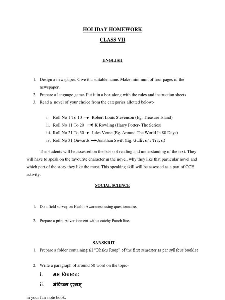 Holiday Homework Class Vii: I. Ee Fo - Ky : Ii. Eafnjl N'' E | PDF