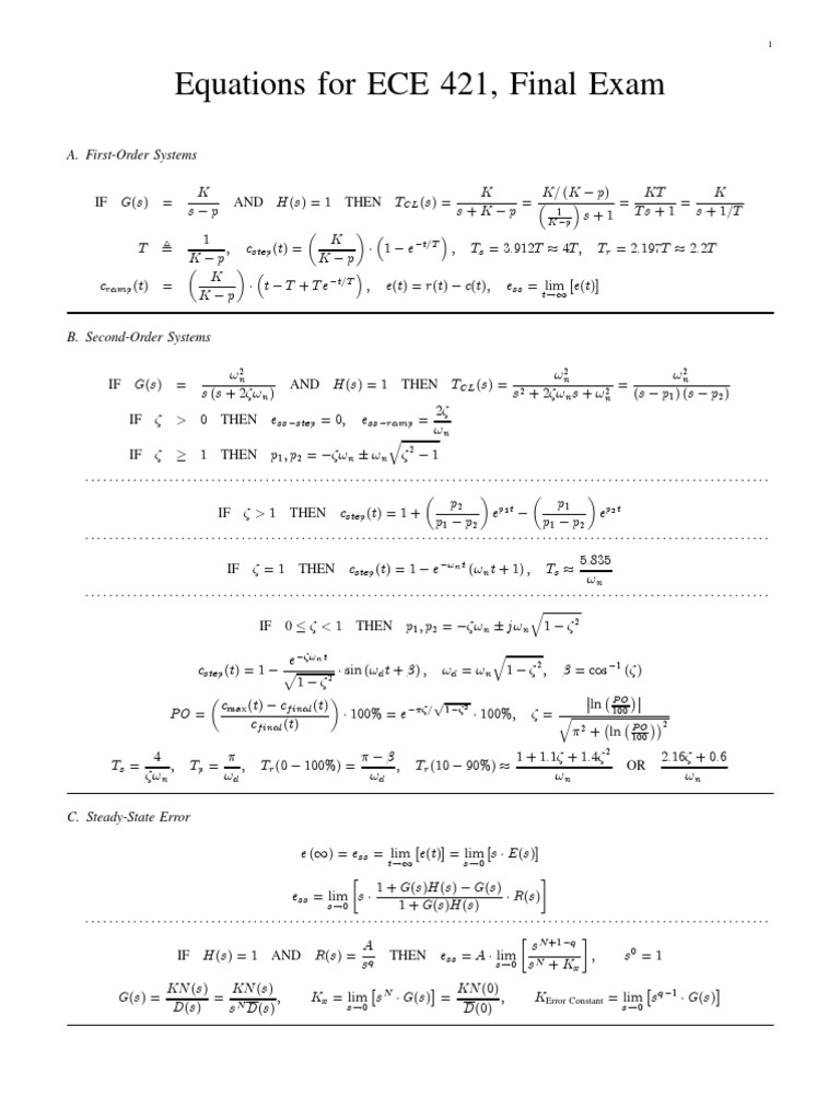 ECE 421 Final Exam Equations Guide | PDF
