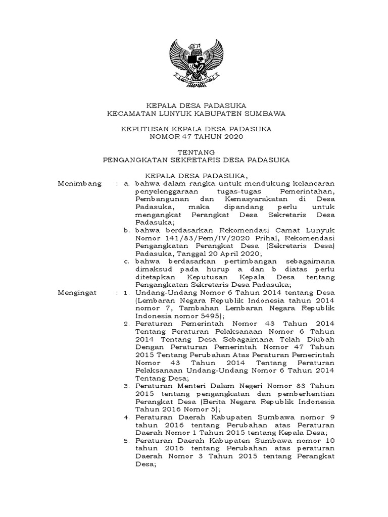 SK Pengangkatan Sekretaris Desa 2020 | PDF