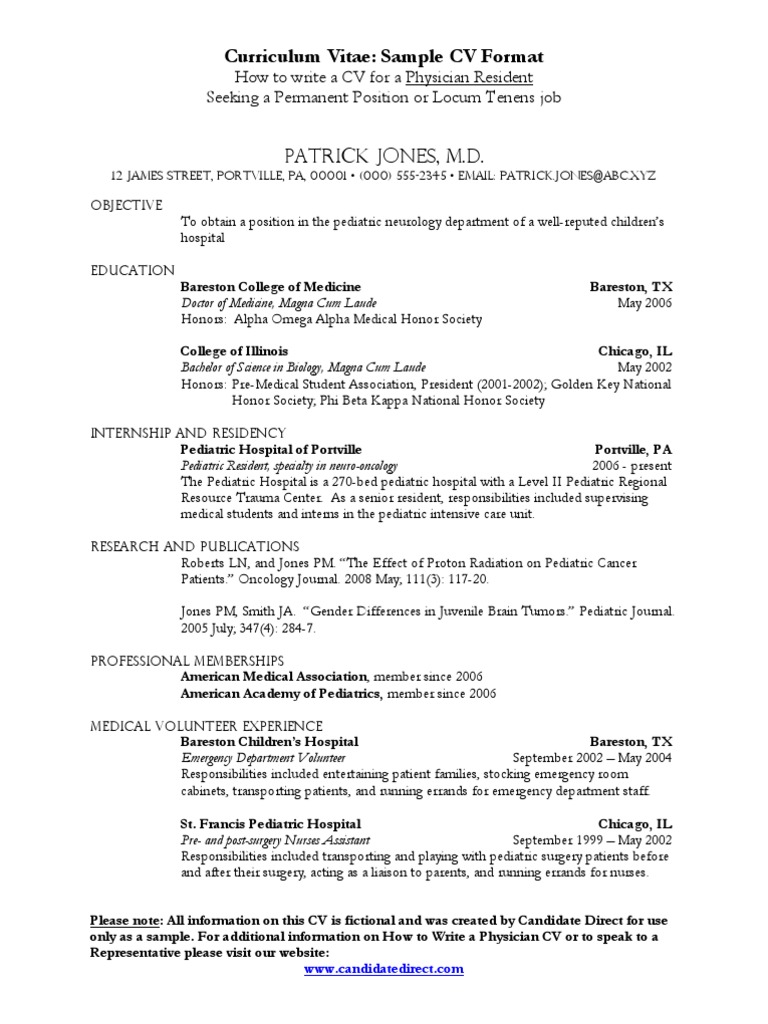 Medical Cv Sample Post Residency Pdf Residency Medicine Medical School