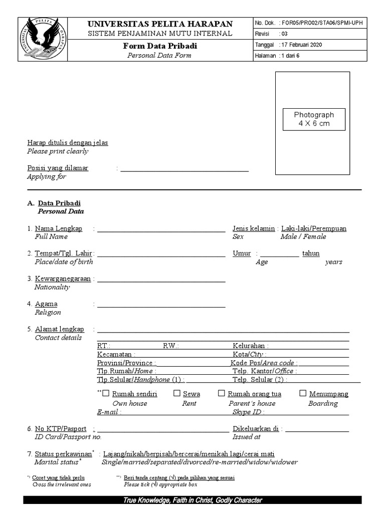 UPH Personal Data Form PDF
