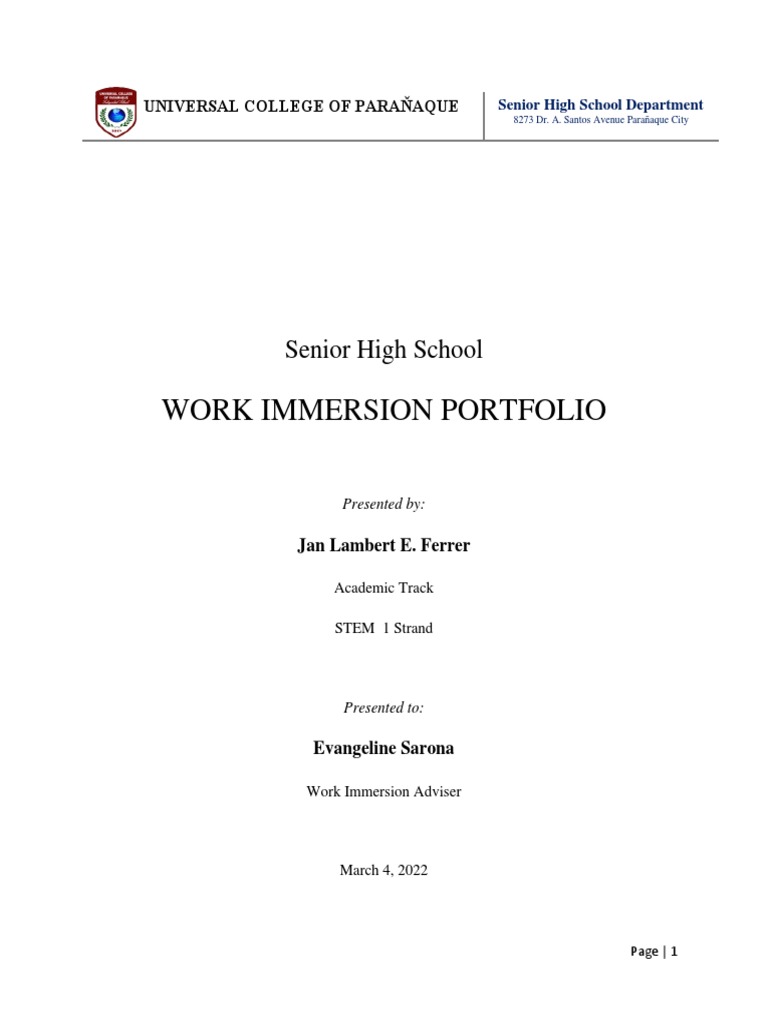 Work Immersion Portfolio: Senior High School | PDF | Cognitive Science ...