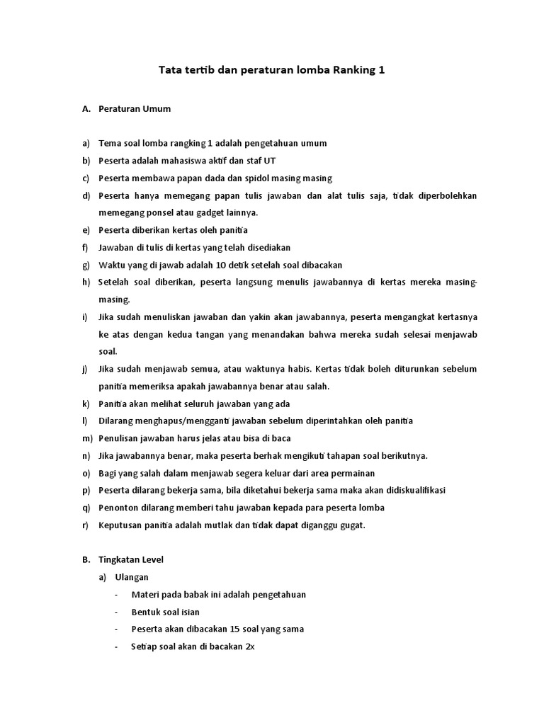 Peraturan Lomba Ranking 1 UT 2022 | PDF