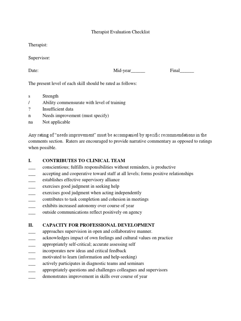 therapist evaluation checklist PDF Psychotherapy Psychology