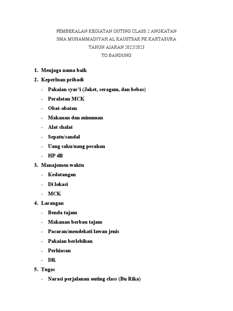 Pembekalan Kegiatan Outing Class 2 Angkatan | PDF