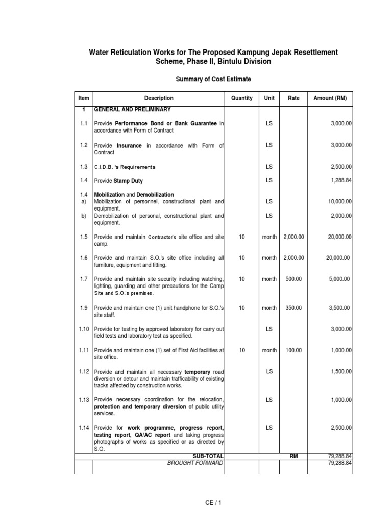 Cost Estimate For Water Reticulation Works | PDF | Pipe (Fluid ...