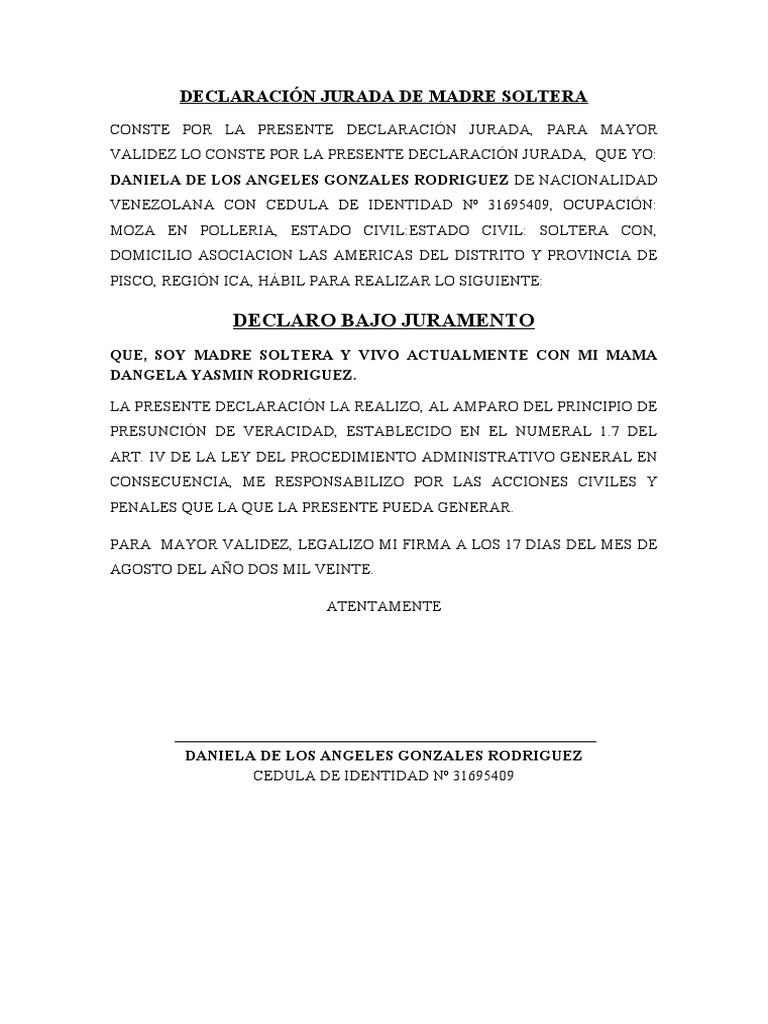 Declaración Jurada de Madre Soltera | PDF