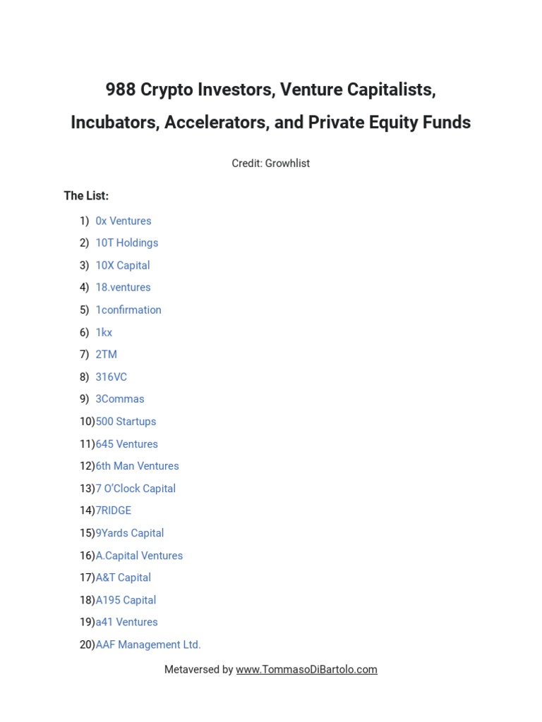 Crypto Investors, Venture Capitalists, Incubators & More | PDF | Venture  Capital | Corporate Finance