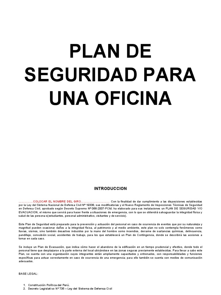 Modelo Plan de Seguridad de Una Oficina | PDF | Defensa Civil | Temblores