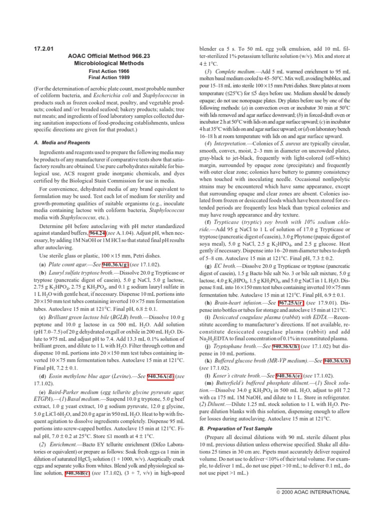 AOAC Method 966.23: Aerobic Plate Count | PDF | Agar | Ph