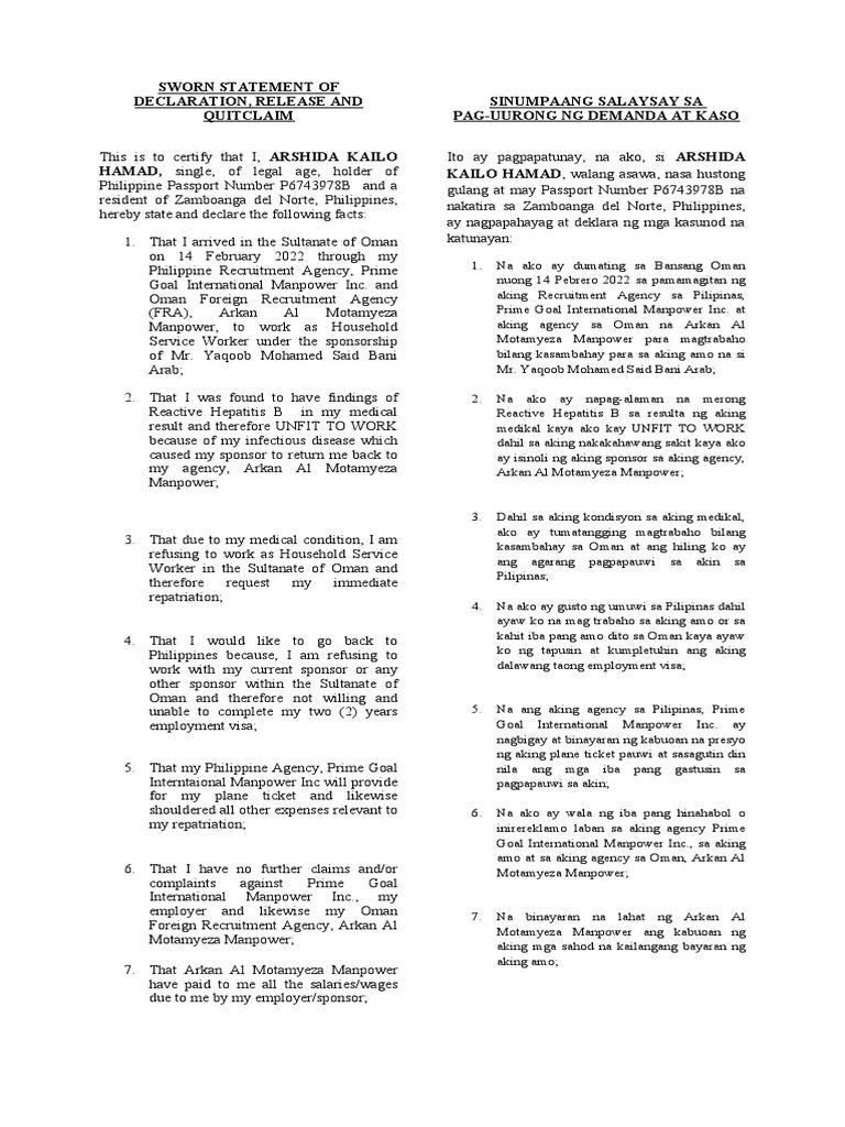 Repatriation Request by Arshida Hamad | PDF | Philippines