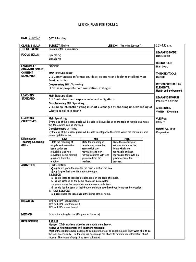 Lesson Plan For Form 2: Complementary Skill | PDF | Teaching Method ...