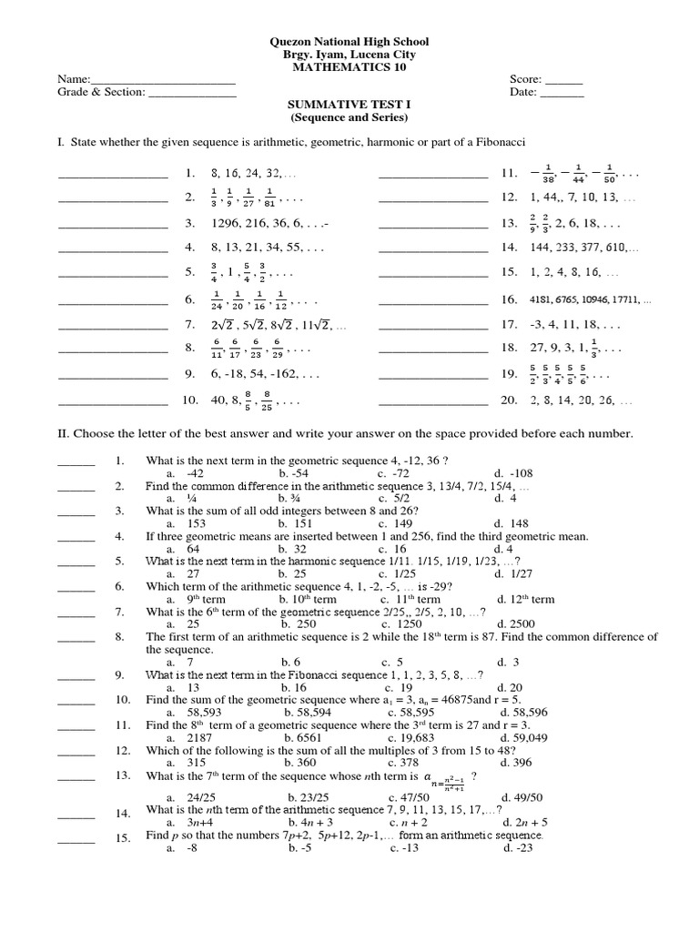 Grade 10 Math 1st Quarter Reviewer | PDF | Sequence | Odds
