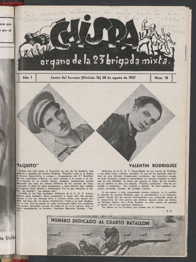 1 Chispa rgano De La 23 Brigada Mixta Sector Jarama Del 28 De Agosto 