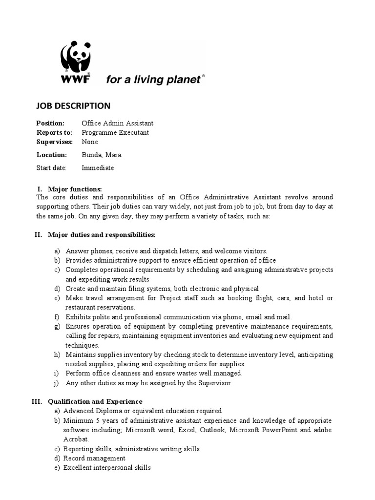 WWF Tanzania Office Admin Assistant Role | PDF | Accounting | Evaluation