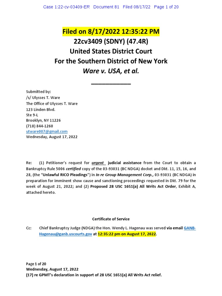 DKT 81 (47.4R) All Writs Act Applciation and Proposed Order PDF