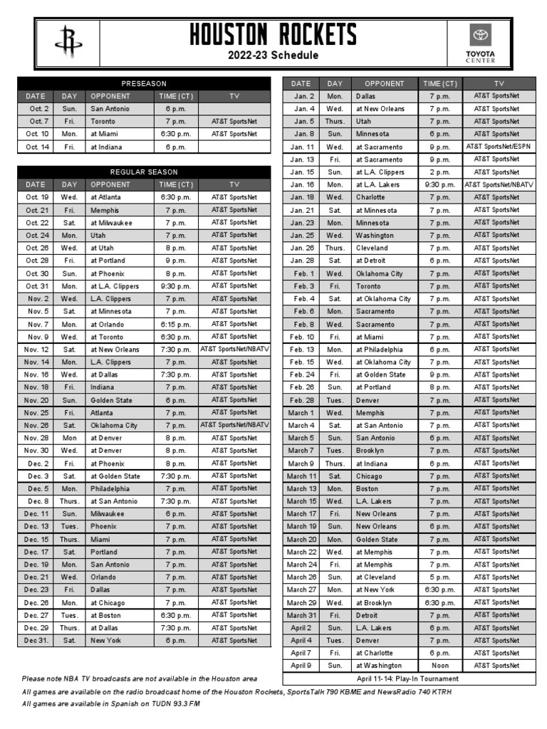 Houston Rockets 2022-23 Schedule | PDF | Los Angeles Lakers | National ...