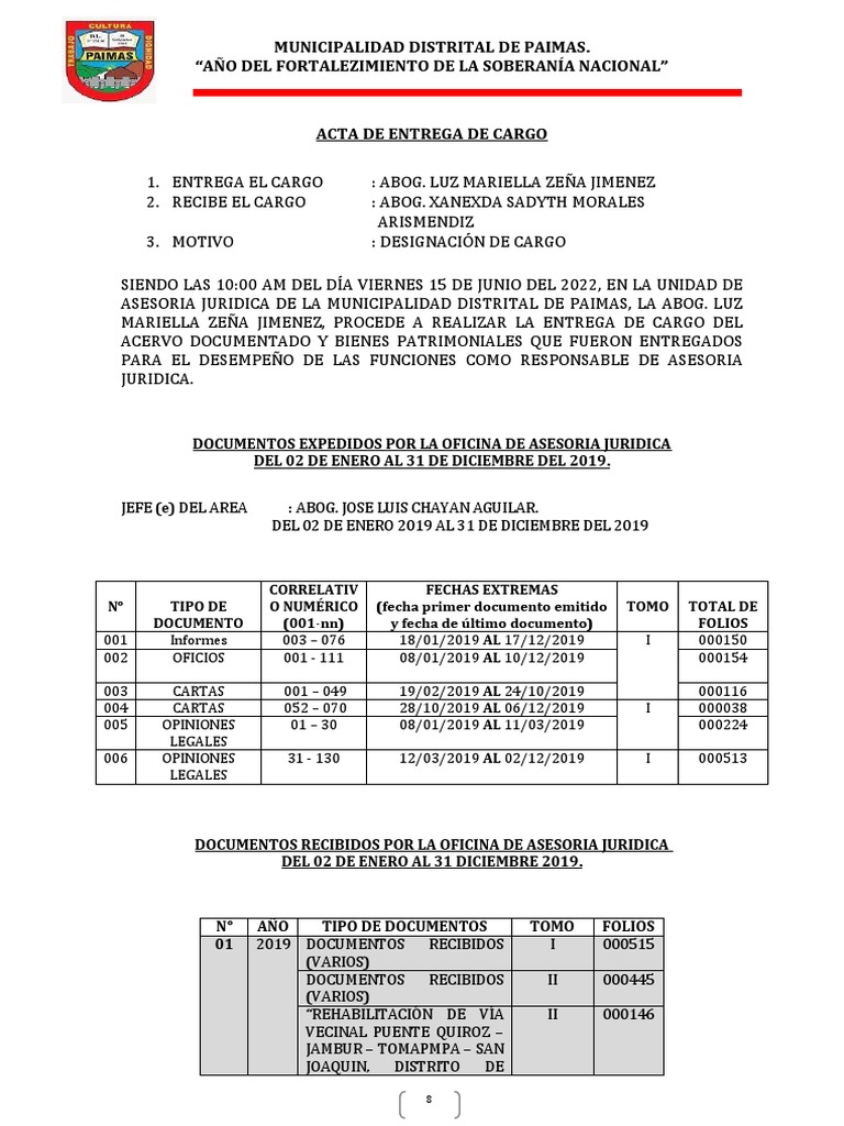 Acta de Entrega de Cargo Jurídico | PDF | Equipo de oficina | Bienes ...