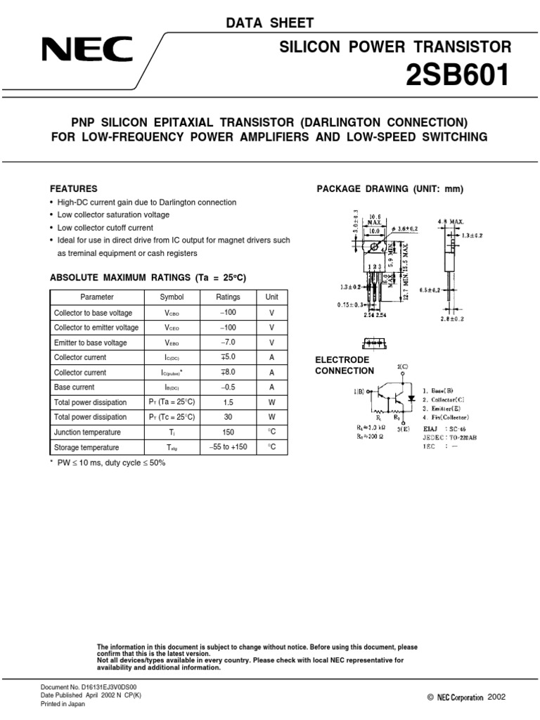 B601 - PNP Transistor, - 100V, 5A, - 7v Base | PDF | Bipolar Junction ...