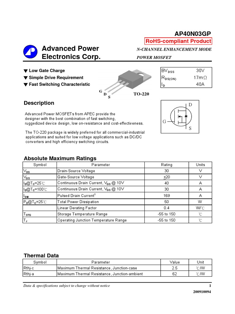 40N03GP - N Channel Pwer MOSFET, 30v 40A, Vgs (TH) 3v, Vgs 20v | PDF ...