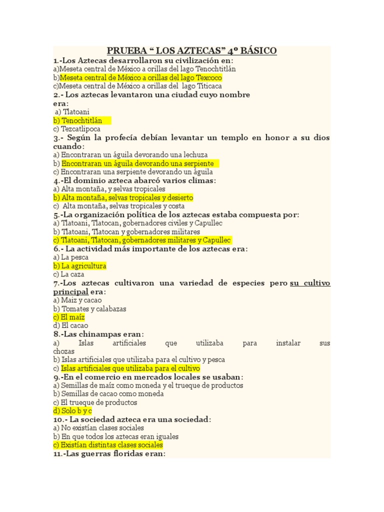 Prueba de Historia: Los Aztecas 4º Básico | PDF