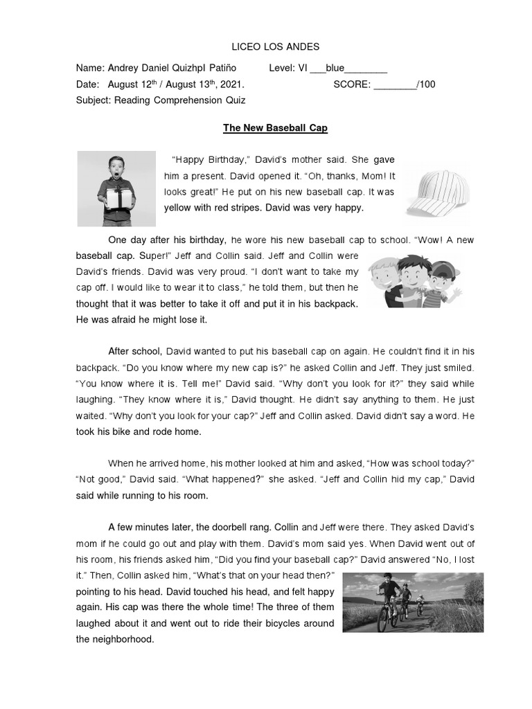 The New Baseball Cap Reading Comprehension QUIZ TO POST ON THE PLATFORM PDF