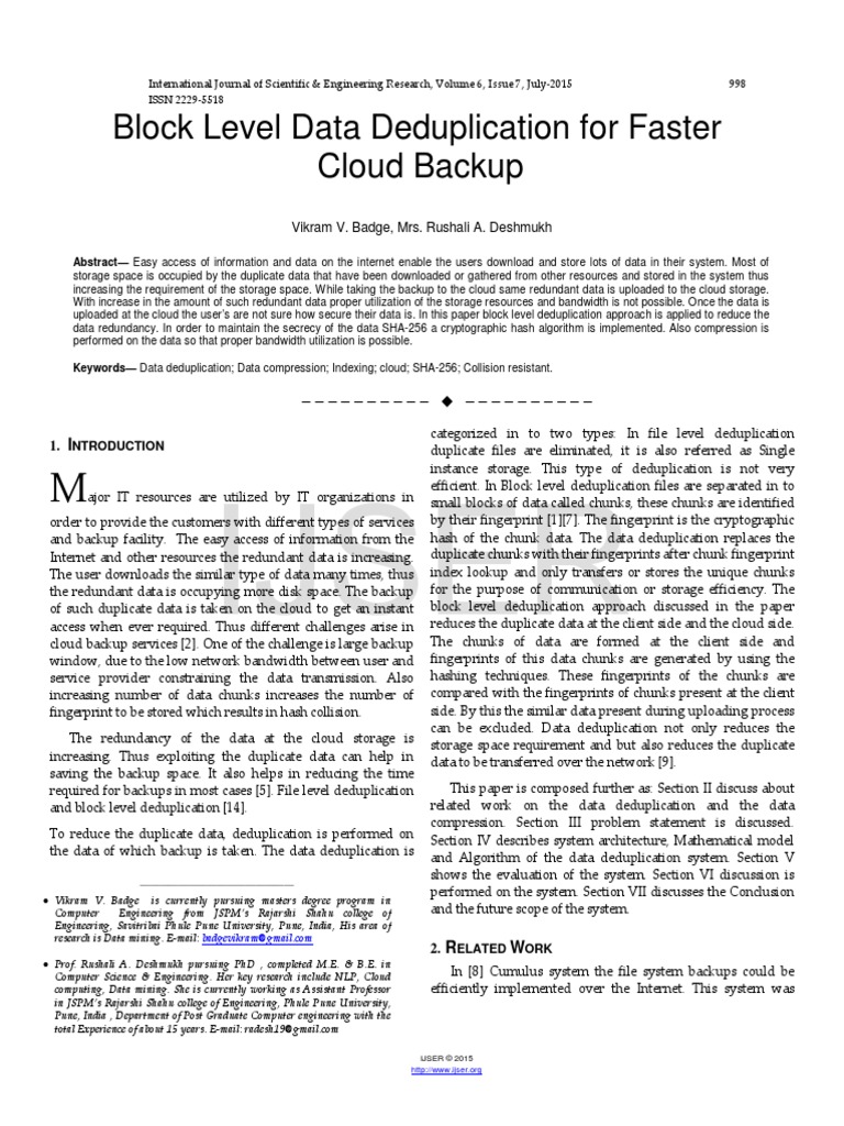 Block Level Data Deduplication For Faster Cloud Backup PDF Backup