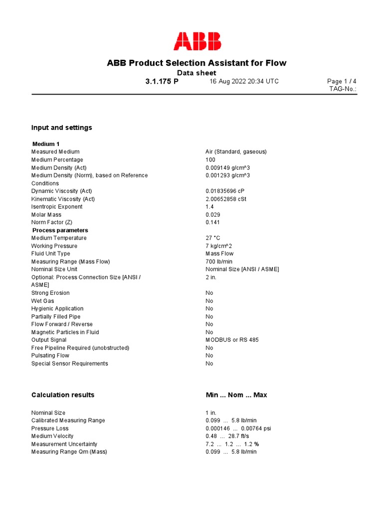 Product Selection for an ABB Thermal Mass Flowmeter and Accessory Pipe