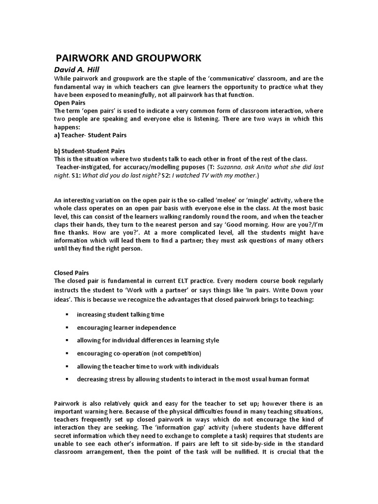 Pairwork and Groupwork | PDF | Teachers | Classroom
