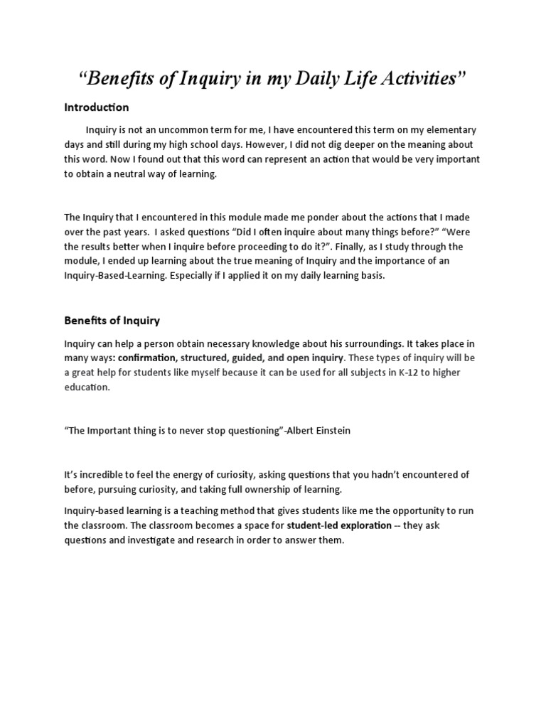 Benefits of Inquiry in Daily Learning | PDF | Inquiry Based Learning ...