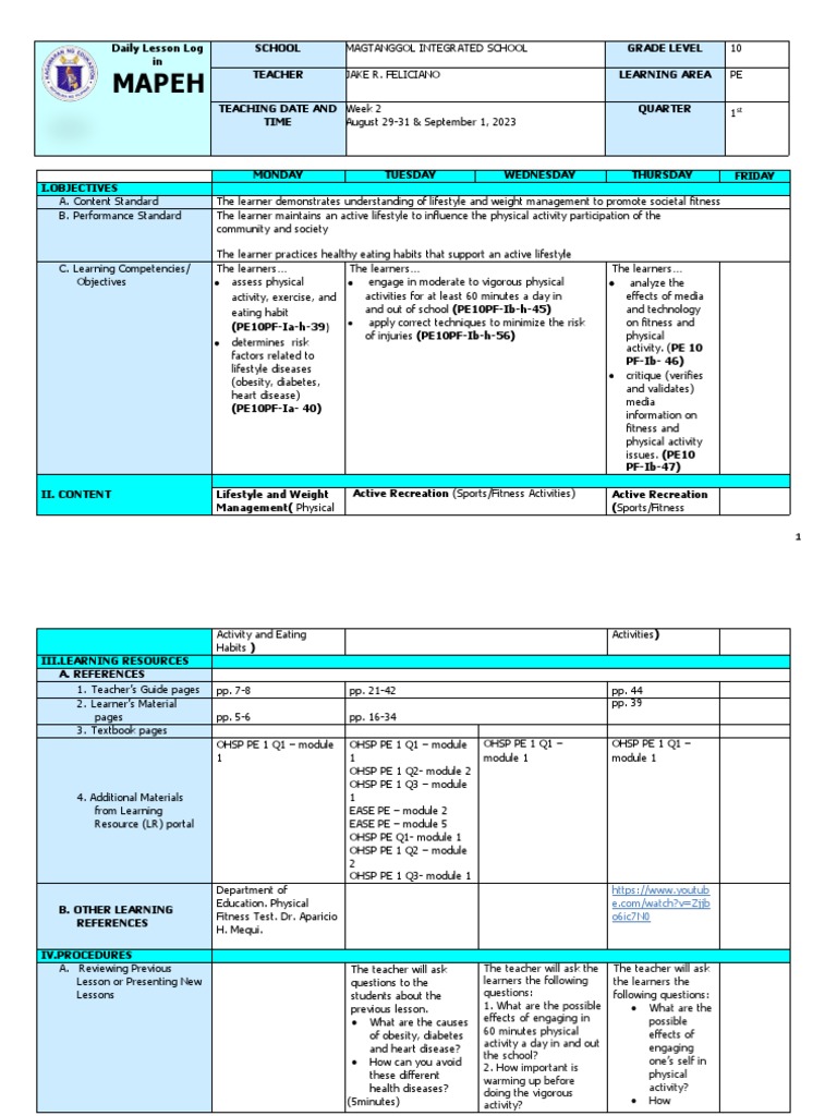 Q1 Grade 10 PE DLL Week 2 | PDF | Physical Education | Physical Fitness