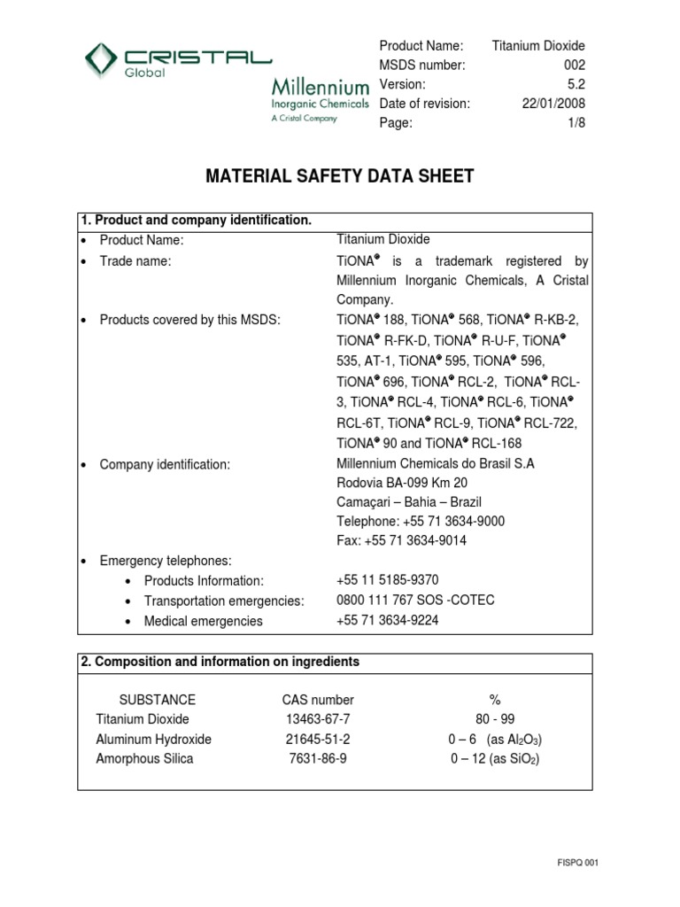 SDS TitaniumDioxide TIONA 59 PDF Titanium Dioxide Titanium