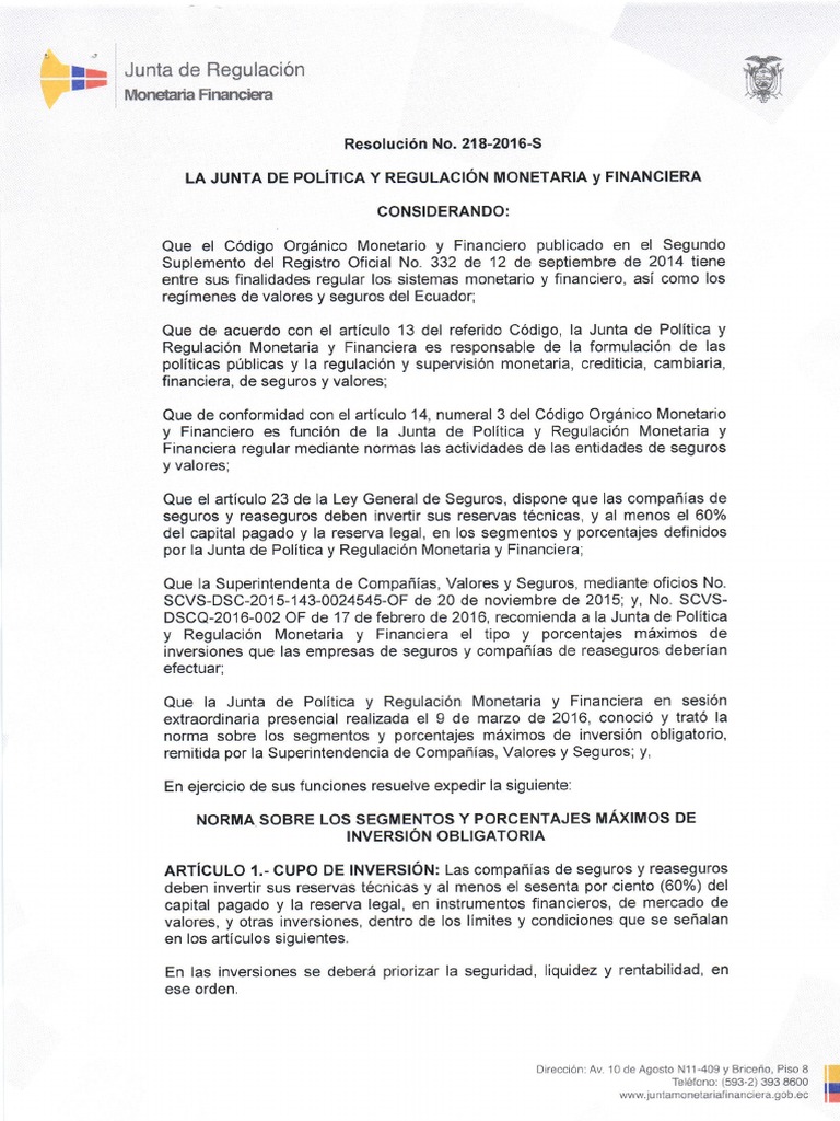 Normativa de Inversión para Seguros en Ecuador | PDF | Seguro | Reaseguro