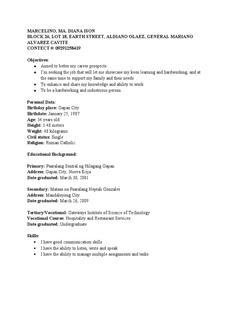 Job Application of MA. Diana Marcelino | PDF | Wellness