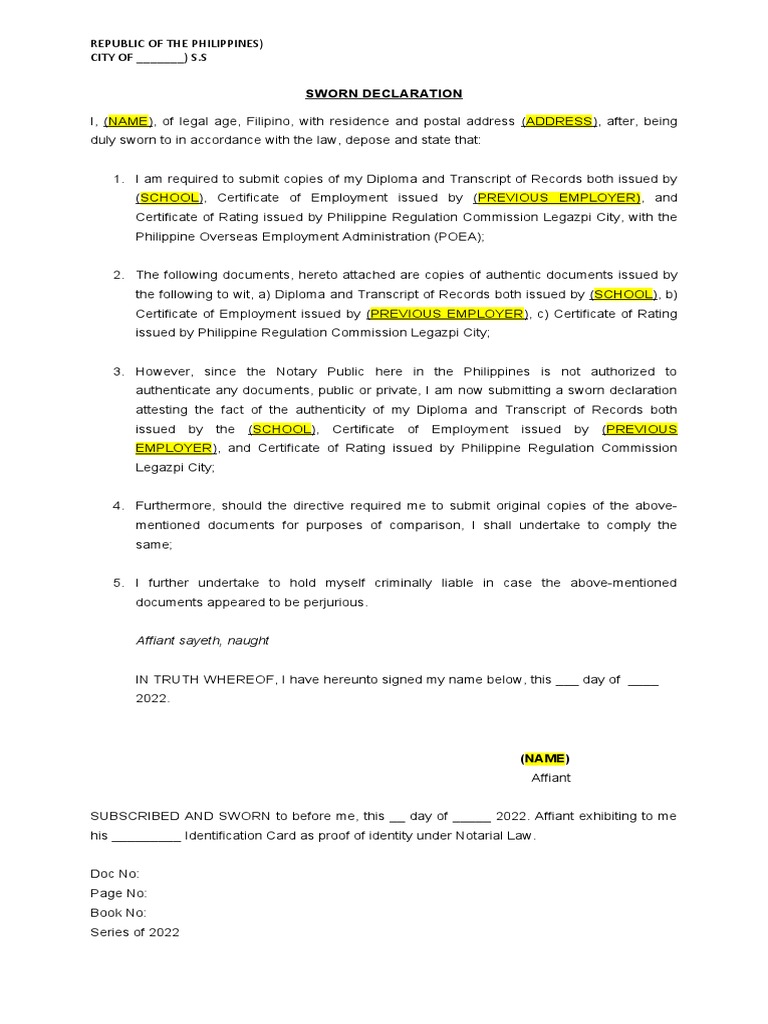 Sworn Statement For Document Aunthentication | PDF