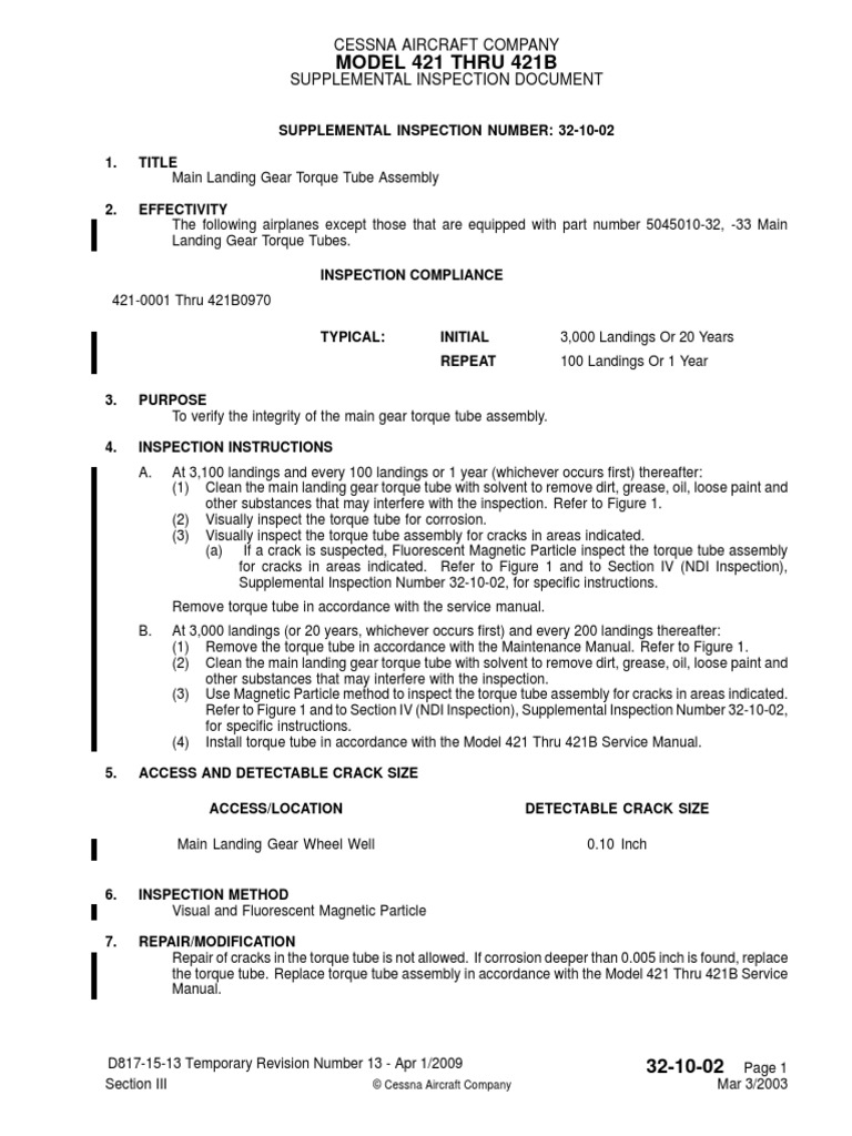 Model 421 Thru 421B: Cessna Aircraft Company Supplemental Inspection ...