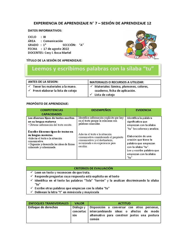 Exp 7 Sesión 12 Leemos y Escribimos Palabras Con La Sílaba Tu | PDF ...