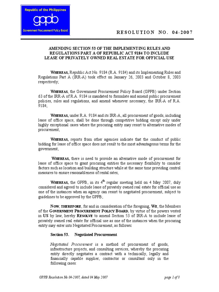 Resolution No. 042007 Hereas PDF Procurement Lease